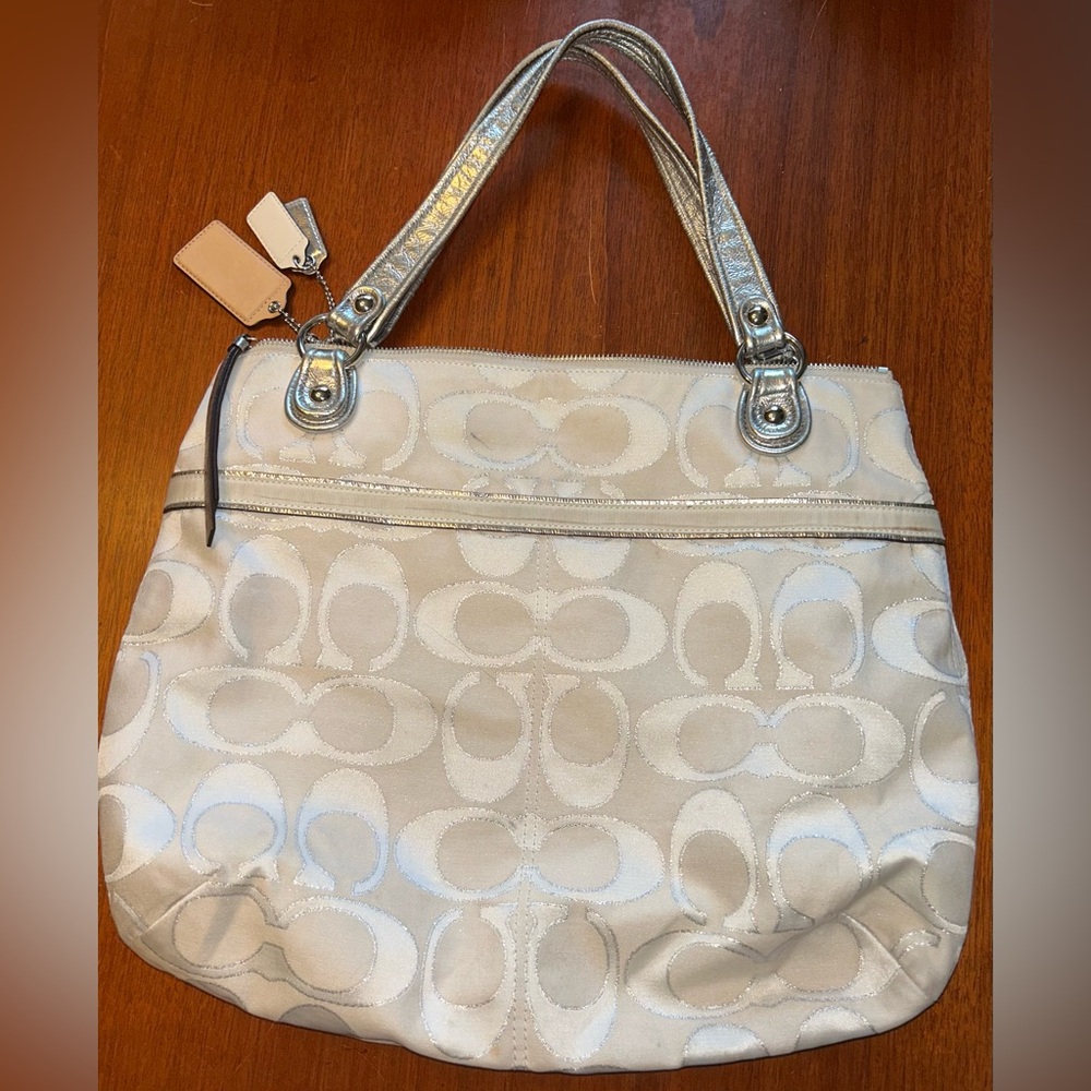 Coach Poppy Signature White and Cream Metallic Silver Tote